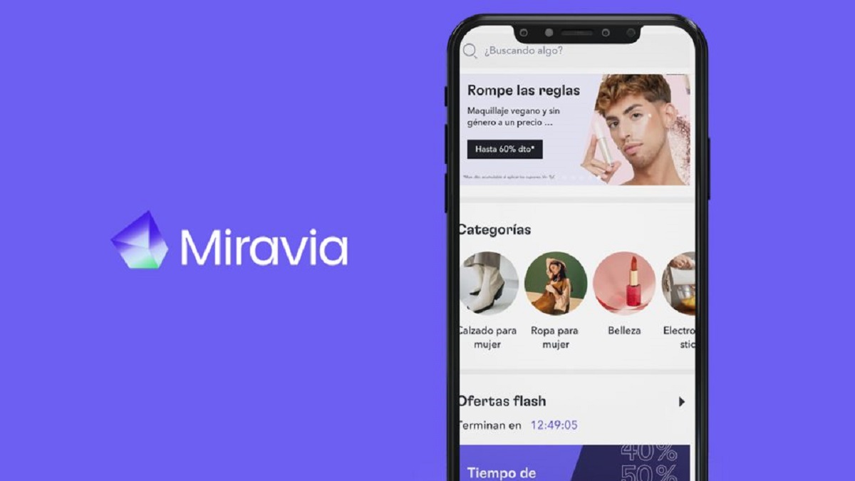 El logo de Miravia junto con un smartphone con su aplicación
