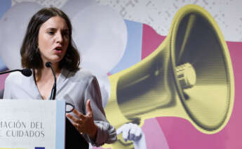 MADRID, 18/10/2023.- La ministra de Igualdad, Irene Montero, durante su intervención en la reunión de alto nivel sobre la Transición de Sistemas de Cuidados hacia Modelos Centrados en las Personas y en la Comunidad, este miércoles en Madrid. EFE/Chema Moya