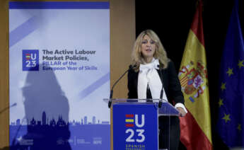 GRAFCAT5261. BARCELONA, 19/10/2023.- La vicepresidenta segunda del Gobierno y ministra de Trabajo y Economía Social en funciones, Yolanda Díaz, durante la jornada inaugural de la conferencia de alto nivel El Pilar Europeo de los Derechos Sociales y las nuevas políticas activas de empleo que se celebra en Barcelona en el marco de la presidencia española de la UE. EFE/Quique García