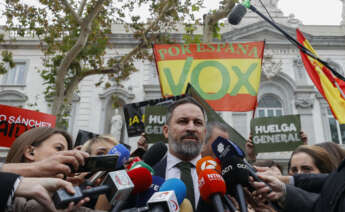 MADRID, 14/11/2023.- El presidente de Vox, Santiago Abascal, presenta una querella contra el presidente del Gobierno en funciones, Pedro Sánchez, en la que pide la suspensión cautelar del pleno de investidura, este martes en el Tribunal Supremo. EFE/Javier Lizón