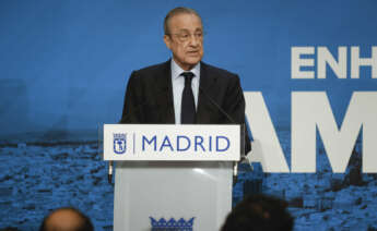 MADRID, 23/05/2023.- El presidente del Real Madrid, Florentino Pérez, durante su intervención en el acto en el que el Real Madrid presentó en el Ayuntamiento de la capital el título de la Euroliga de baloncesto, este martes en el palacio de Cibeles en Madrid. EFE/ Javier Lizón