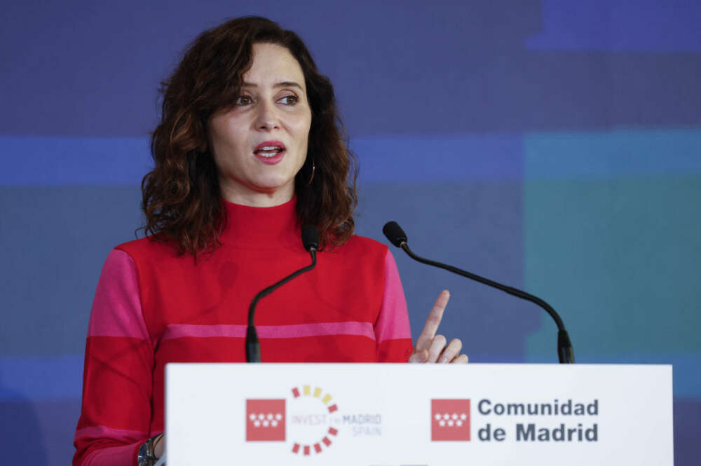MADRID, 11/01/2024.- La presidenta de la Comunidad de Madrid, Isabel Díaz Ayuso, durante su intervención este jueves en el foro de inversión "Spain Investors Day".-EFE/ Chema Moya