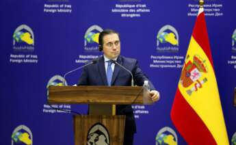 Baghdad (Iraq), 25/01/2024.- Spanish Minister of Foreign Affairs, Jose Manuel Albares Bueno during a joint press conference with his Iraqi counterpart Fuad Hussein (unseen) at the Iraqi ministry of foreign affairs in Baghdad, Iraq on 25 January 2024. Albares arrived in Baghdad for an official visit to strengthen efforts to defuse the regional crisis and advance regional peace and security, according to a statement issued by the Spanish Foreign Ministry. (España, Bagdad) EFE/EPA/AHMED JALIL