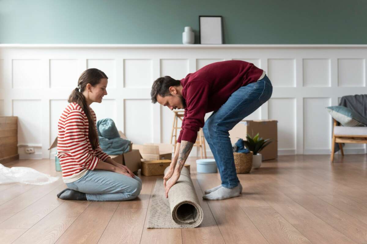 Una pareja desenrolla una alfombra en su vivienda. alquiler. Foto: Freepik.