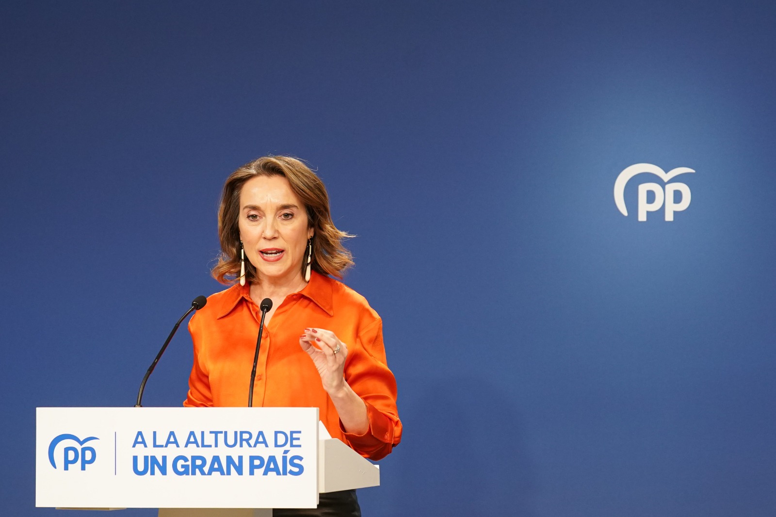 La secretaria general del PP, Cuca Gamarra, en la sede de Génova este jueves. Foto: Diego Crespo (PP)