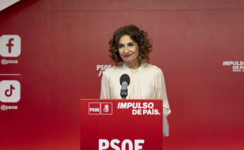 La vicesecretaria general del PSOE, vicepresidenta primera y ministra de Hacienda, María Jesús Montero, realiza declaraciones este lunes en la sede del PSOE de Ferraz.EFE/ Flickr