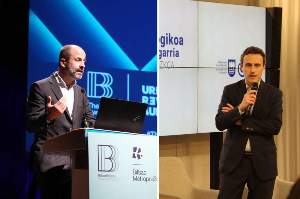 Asier Arambarri, director de Innovación Social del Gobierno vasco, y Jabier Larrañaga, responsable de Empresas de Kutxabank, participan en la presentación del Atlas de la Empresa Comprometida de Euskadi