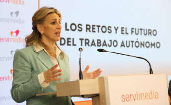 Yolanda Díaz, en el acto de Servimedia sobre autónomos | Foto de Jorge Villa