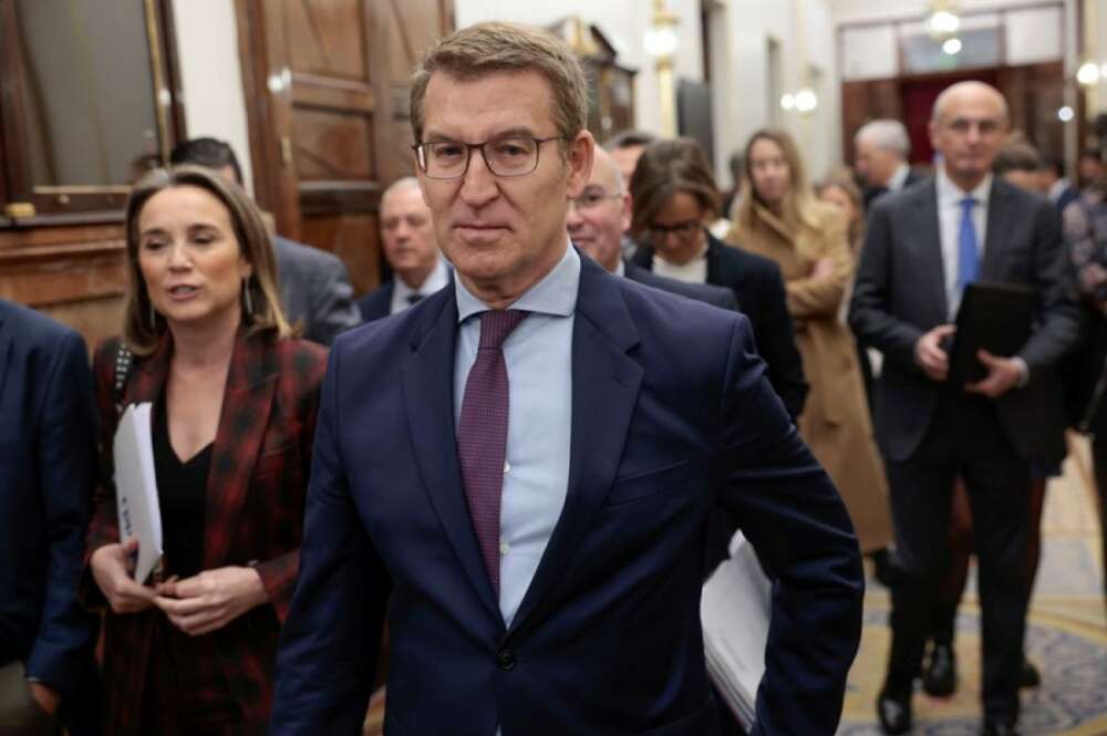 El líder popular, Alberto Núñez Feijóo, en el Congreso de los Diputados, este jueves. EFE/Zipi