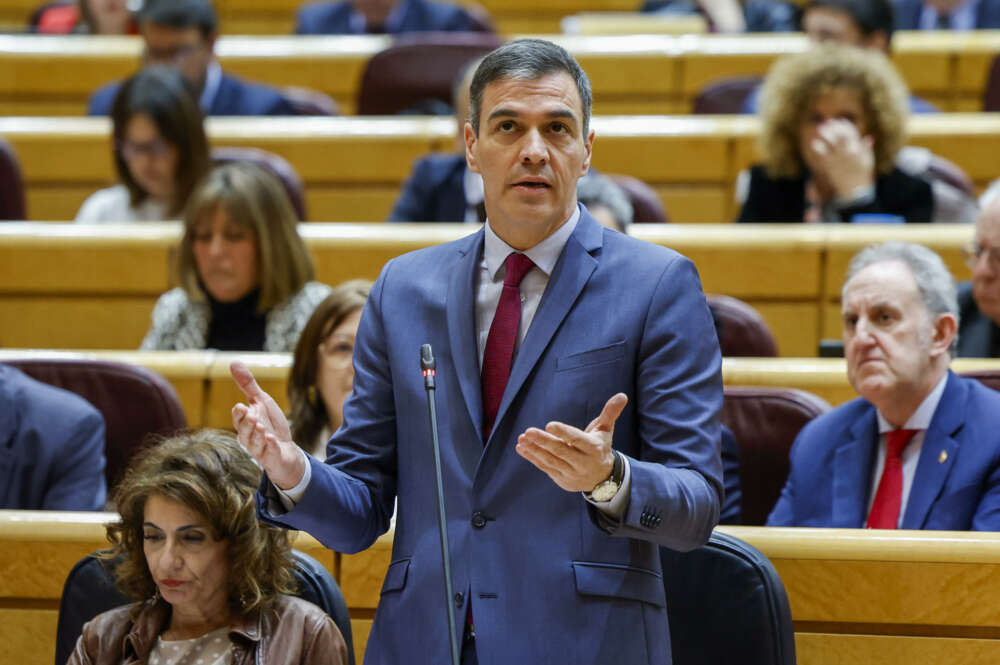 MADRID, 12/03/2024.- El presidente del Gobierno, Pedro Sánchez, interviene en la sesión de control al Gobierno celebrada por el pleno del Senado este martes. EFE/ Mariscal