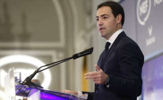 MADRID, 07/03/2024.- El candidato del PNV a lehendakari, Imanol Pradales, interviene en un desayuno informativo organizado por Fórum Europa, este jueves en Madrid. EFE/ Chema Moya