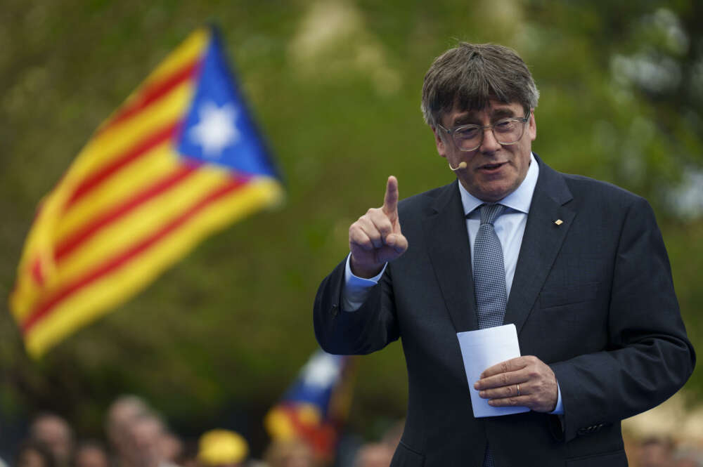 ELNA (FRANCIA), 06/04/2024.- El candidato de JxCat y expresidente de la Generalitat, Carles Puigdemont, protagoniza este sábado un acto en Elna, en el sur de Francia, para presentar su candidatura a las elecciones catalanas del 12 de mayo. EFE/David Borrat.