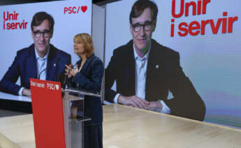 La viceprimera secretaria del PSC, Lluïsa Moret, durante la presentación este martes de la imagen de precampaña del partido. EFE/Toni Albir