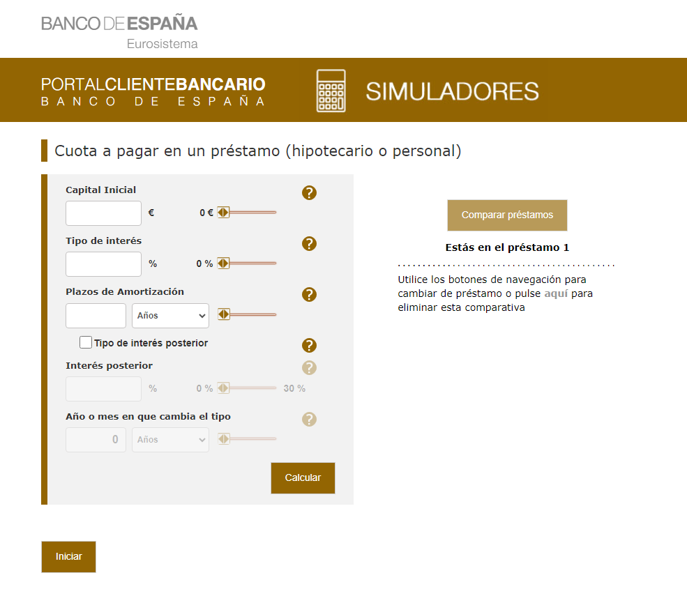 El usuario obtiene la cuota tras introducir el importe, el plazo y el tipo de interés. hipoteca. Foto: Banco de España.