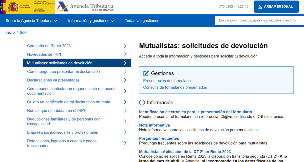 La página web de la Agencia Tributaria con el formulario para mutualistas