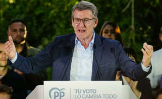El presidente del PP, Alberto Núñez Feijoo, participa en el acto de campaña que los populares celebraron este jueves en Tarragona.
