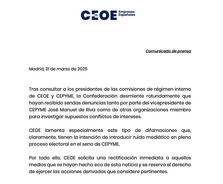 Comunicado de CEOE y Antonio Garamendi sobre Cepyme