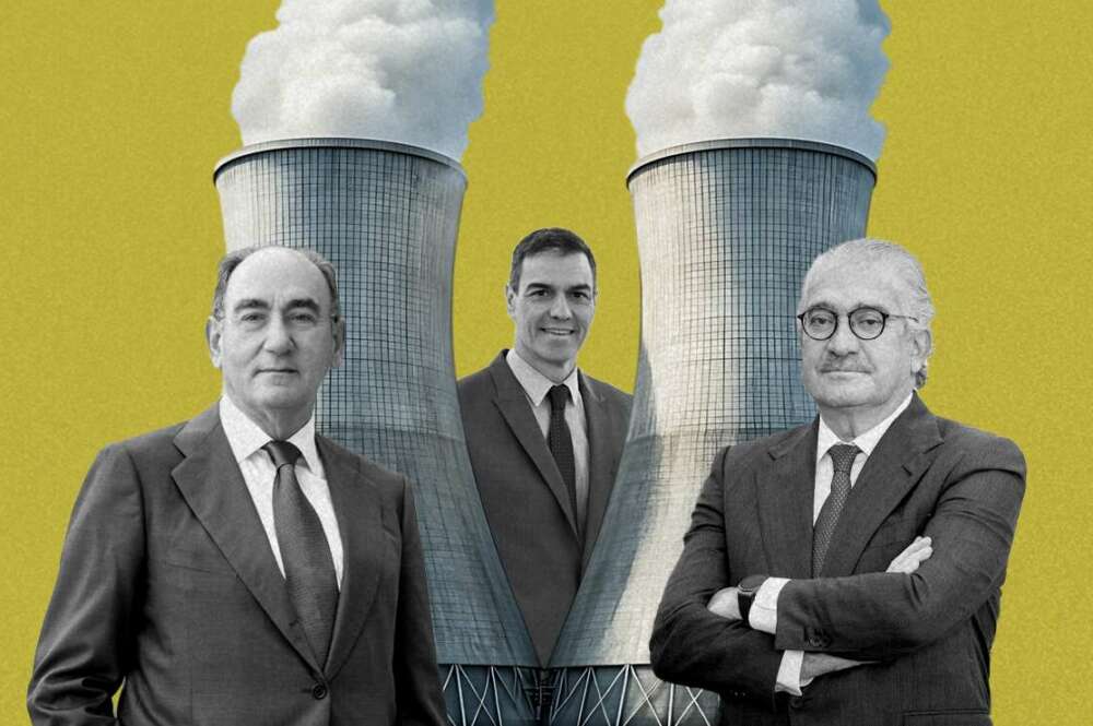 El presidente de Iberdrola, Ignacio Sánchez Galán, el presidente del Gobierno, Pedro Sánchez y el CEO de Endesa, José Bogas