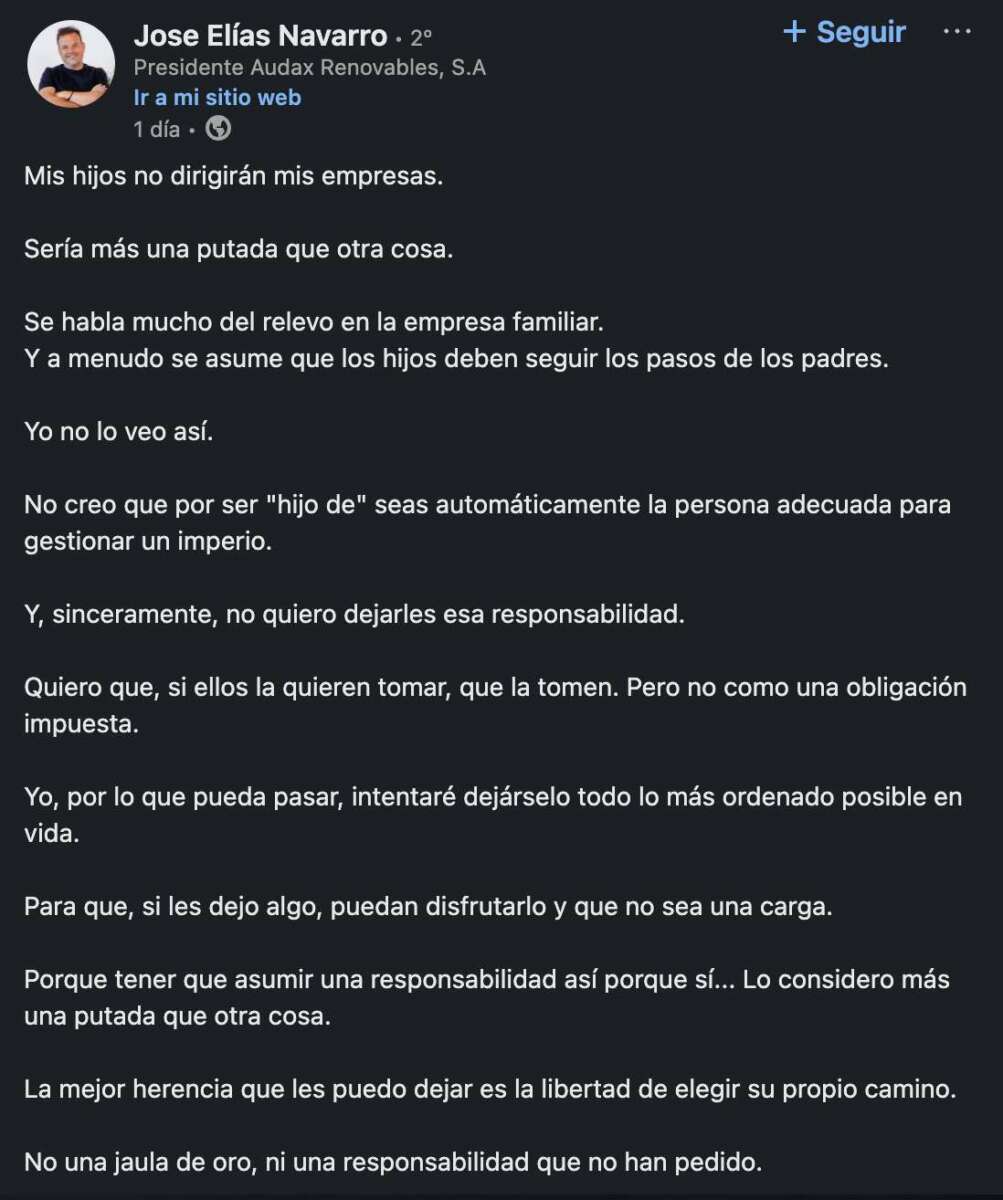 La revelación de José Elías sobre la sucesión de su negocios: "Mis hijos no dirigirán mis empresas"