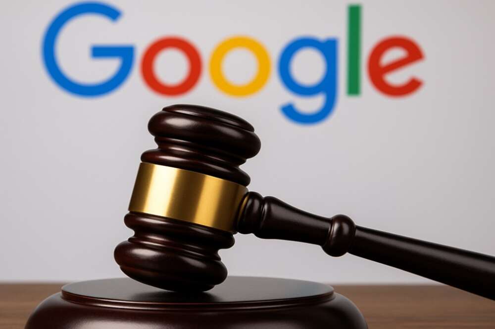 Un mazo de juez junto con el logo de Google