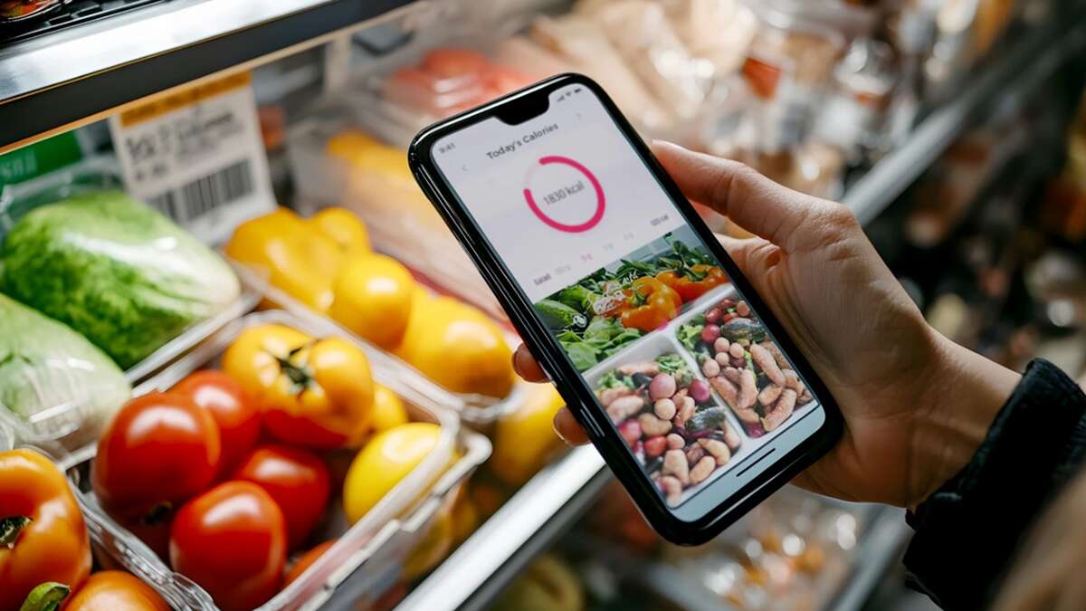 Una persona comprueba las calorías de los alimentos en su móvil