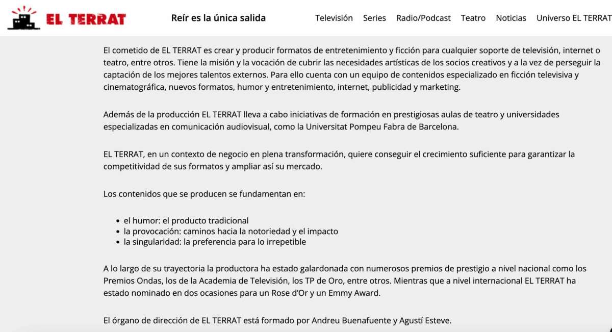 Extracto de la web de El Terrat, dirigida por Andreu Buenafuente, coproductora de la Revuelta de David Broncano
