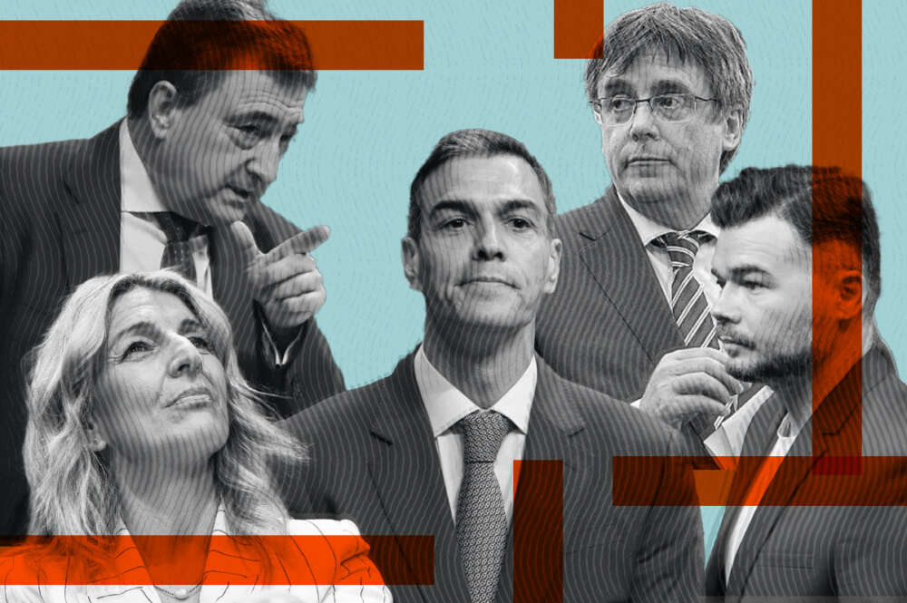 Pedro Sánchez y sus socios Yolanda Díaz, Aitor Esteban, Carles Puigdemont y Gabriel Rufián