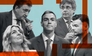 Pedro Sánchez y sus socios Yolanda Díaz, Aitor Esteban, Carles Puigdemont y Gabriel Rufián