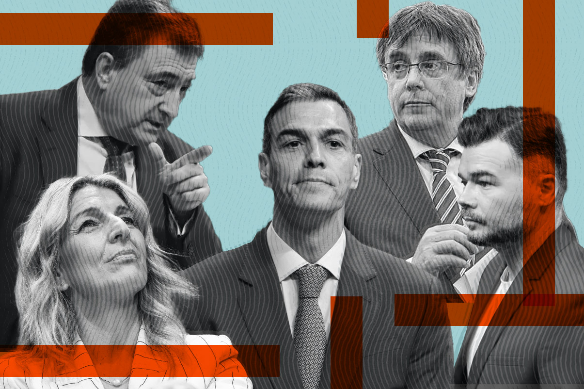 Pedro Sánchez y sus socios Yolanda Díaz, Aitor Esteban, Carles Puigdemont y Gabriel Rufián