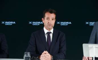 Archivo - El presidente de Indra Group, Ángel Escribano, durante la rueda de prensa tras la presentación de resultados de accionistas de Indra, en la sede de la empresa, a 23 de julio de 2025, en Madrid (España).