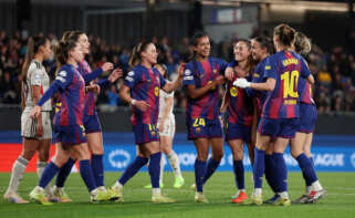 BARCELONA, SPAIN - DECEMBER 10: Laia Aleixandri of FC Barcelona celebrates scoring her team's third goal with teammates during the UEFA Women's Champions League 2025/26 league phase match between FC Barcelona and SL Benfica at Estadi Johan Cruyff on December 10, 2025 in Barcelona, Spain. (Photo by Judit Cartiel - UEFA/UEFA via Getty Images)