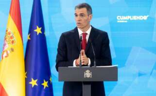 El presidente del Gobierno, Pedro Sánchez, durante una rueda de prensa, en el Palacio de la Moncloa