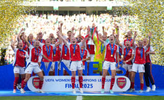 LISBON, PORTUGAL - MAY 24: Kim Little and Leah Williamson of Arsenal lifts the UEFA Women's Champions League trophy after her team's victory in the UEFA Women's Champions League final match between Arsenal WFC and FC Barcelona at Estadio Jose Alvalade on May 24, 2025 in Lisbon, Portugal. (Photo by Angel Martinez - UEFA/UEFA via Getty Images)