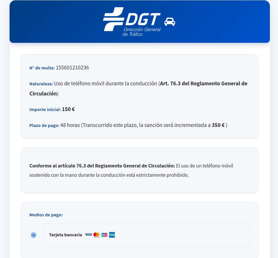 Mensaje fraudulento en el que se suplanta la identidad de la DGT. Foto: Incibe.