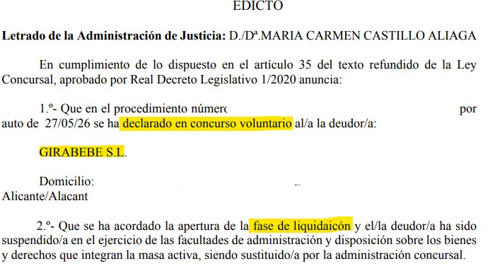 Edicto Girabebe entrada concurso de acreedores