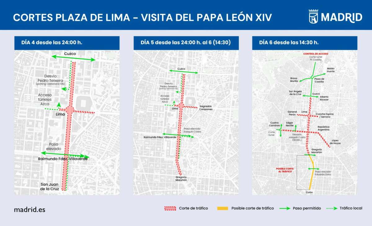 Cortes de tráfico con motivo de la visita del Papa León XIV a Madrid. Foto: @MADRID.