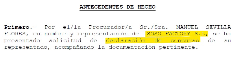 Concurso de acreedores Soso Factory