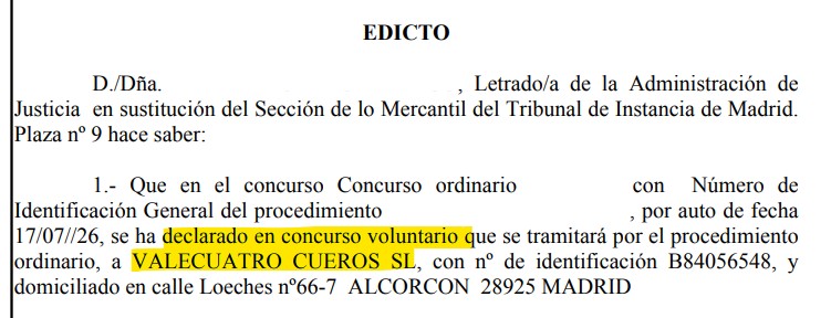 Valecuatro entra en concurso de acreedores
