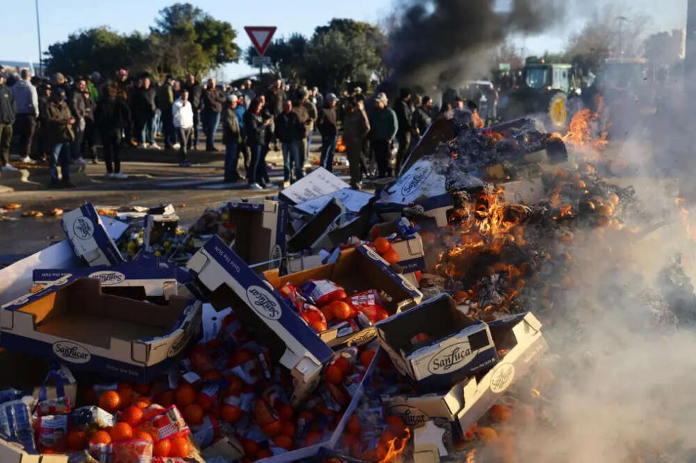 Agricultores franceses queman frutas españolas en una protesta. EFE/EPA/GUILLAUME HORCAJUELO