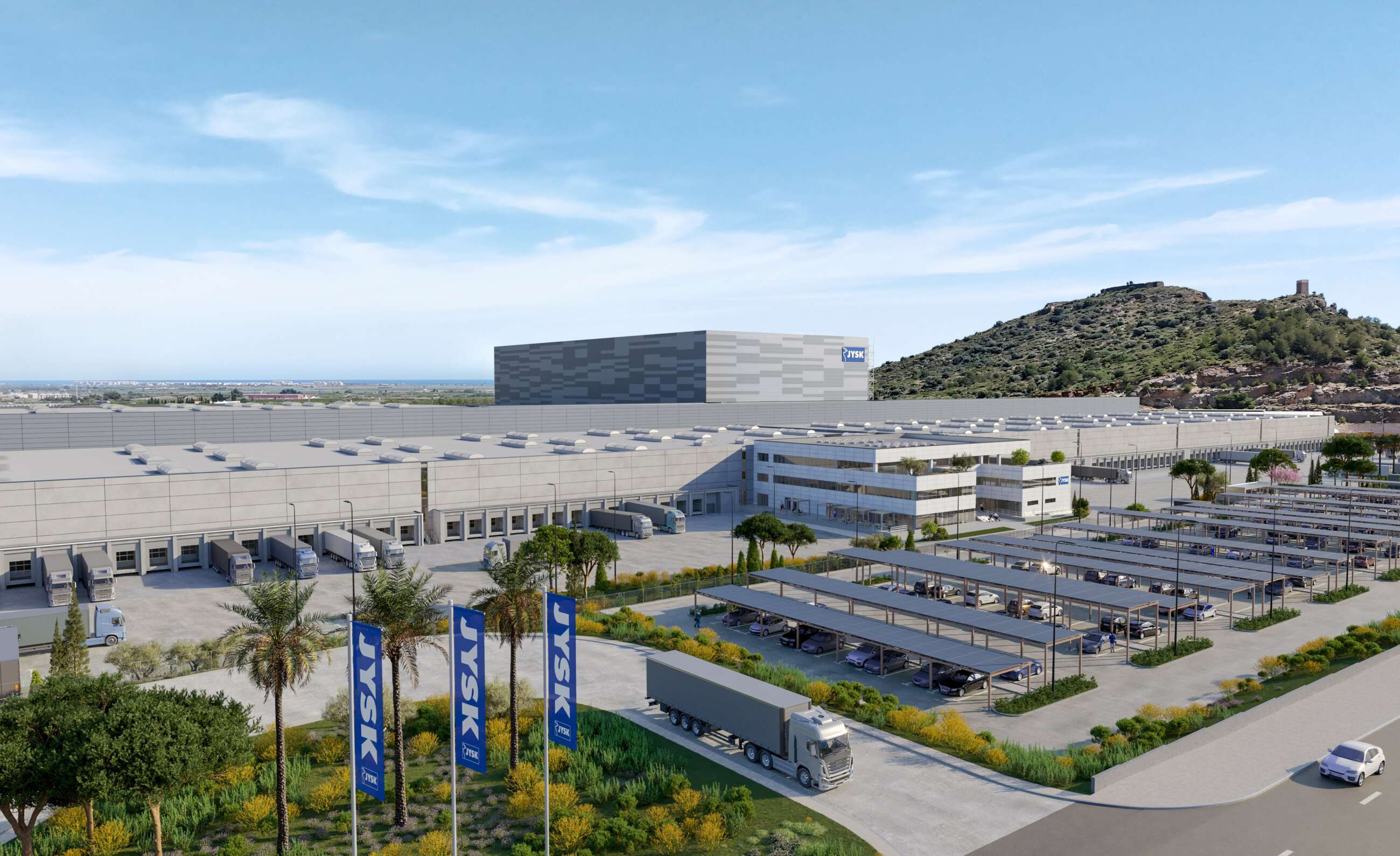 Render del nuevo centro de distribución de JYSK en Almenara (Castellón)