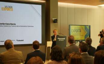 La Consellera de Innovación, Industria, Comercio y Turismo, Marián Cano, participa en la presentación del informe 'Valencia Exporta' en el Hub Empresa de Banco Sabadell.