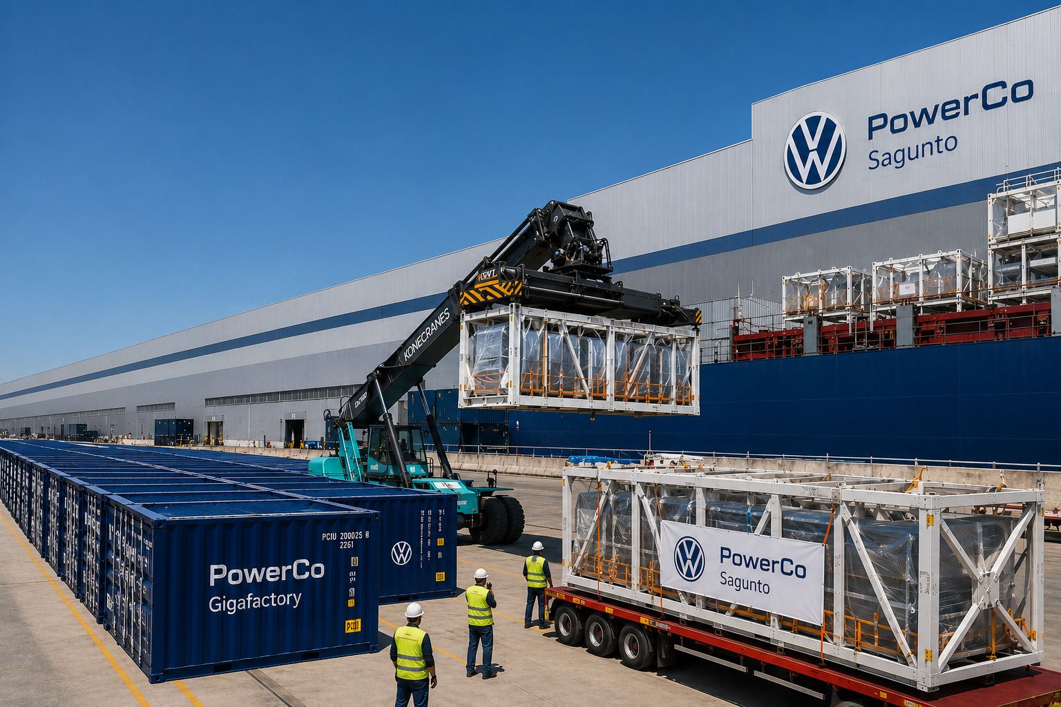 Ilustración que simula la llegada de contenedores a la fábrica de PowerCo en Sagunto