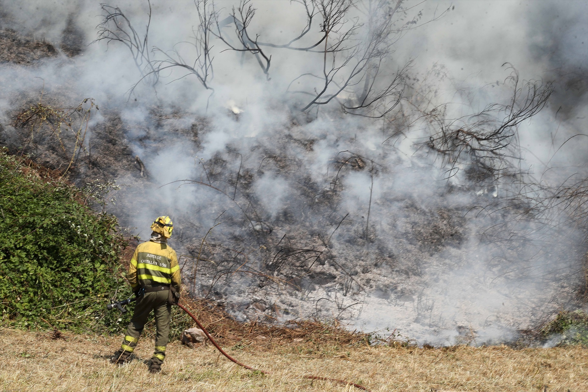 (Foto de ARCHIVO) Un bombero forestal durante las labores de extinción de un incendio forestal, a 31 de julio de 2026, en Veguellina, León, Castilla y León (España). Aunque los trabajos de control del fuego han impedido el avance de las llamas durante la noche, los 405 vecinos desalojados de las localidades de Moreda, San Martín de Moreda, Valle de Finolledo, San Pedro de Olleros y Prado de la Somoza continuarán evacuados por el momento ante la previsión de vientos cambiantes para la jornada de este viernes. Carlos Castro / Europa Press 31 JULIO 2026;INCENDIO;LEÓN;FUEGO;BOMBERO; 31/7/2026