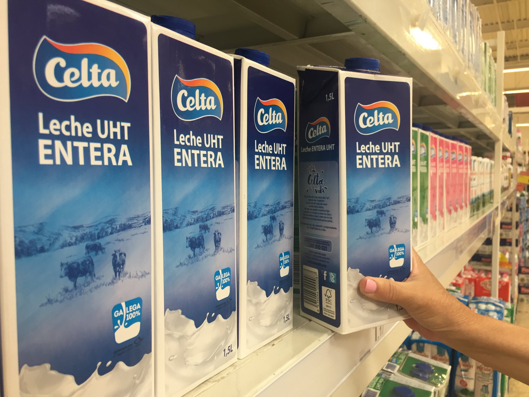 Cartones de Leche Celta en el lineal de un supermercado / Leche Celta