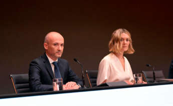 El consejero delegado de Inditex, Óscar García Maceiras, y la presidenta de Inditex, Marta Ortega, durante la primera convocatoria de la Junta General de Accionistas de Inditex