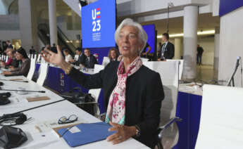 La presidenta del Banco Central Europeo, Christine Lagarde, al comienzo la reunión del Eurogrupo que se celebra en Santiago de Compostela, este viernes. EFE/ Xoan Rey