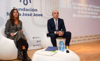 La presidenta de la Fundación María José Jove, Felipa Jove, y el socio fundador de Valora, Senén Ferreiro, en la presentación del Informe de Impacto Social