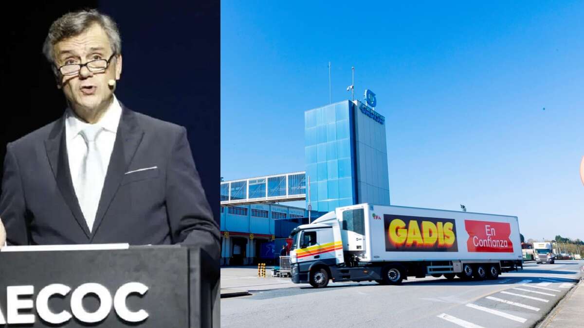 Roberto Tojeiro, presidente del Grupo Gadisa, al lado de la imagen de la sede en Betanzos del grupo de distribución alimentaria.