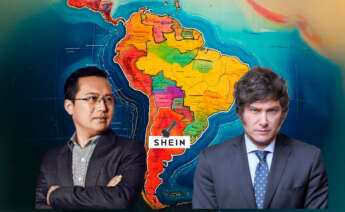 Ilustración en que aparece Cris Xu, CEO y Fundador de Shein, y Javier Milei, presidente de Argentina, con el mapa de américa del sur en de fondo y una chincheta con el pinchando el logo de Shein sobre Argentina