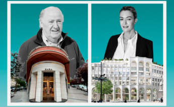 Amancio Ortega sobre la primera tienda de Zara en A Coruña y Marta Ortega, con el edificio sobre el que se construirá el Zara más grande del mundo en Amberes